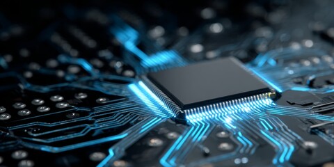 Wall Mural - Futuristic Microchip with Blue Circuit Technology on Dark Background for Digital Innovation Concept