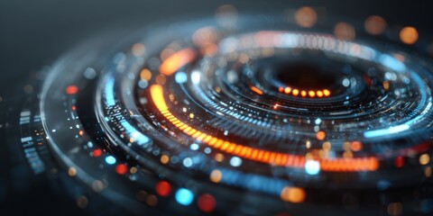 Wall Mural - Futuristic Energy Beam Activating Circular Technology Interface with Blue and Orange Digital Elements