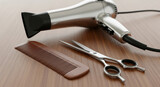 Hair styling tools on wooden surface including hair dryer comb and scissors for professional haircut