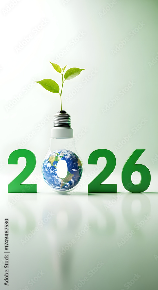 2026 year 2026 represented by a light bulb containing the earth, with a ...