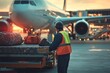 © Татьяна Евдокимова - Airport ground crew worker loading bags onto a cargo loader next to an airplane at sunset. Air travel logistics