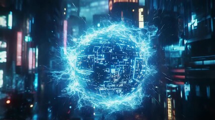 Wall Mural - Cybernetic sphere releasing digital energy in futuristic city