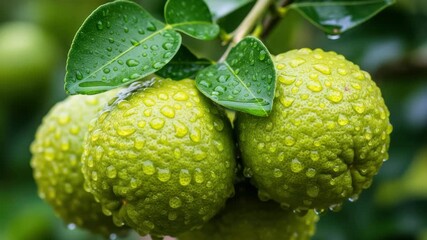 Closeup of fresh green bergamot fruits covered in water droplets, showcasing their vibrant color and texture
