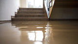 Flooded interior staircase, damage and devastation. Water is brown. Repair is needed.