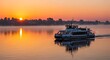 © Aryo - Ferry boat sailing on a calm river at sunrise with golden light and reflections.