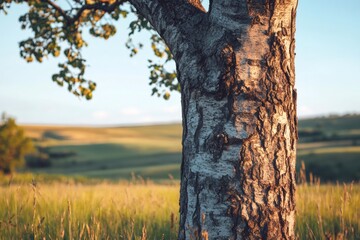 Tree trunk closeup showing detailed bark textures bathed in warm golden hour sunlight, with a blurred green field background
