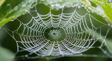 Closeup of a spider web covered in morning dew drops