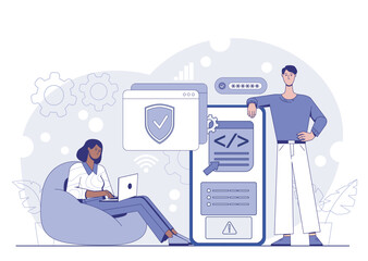 Two people working with shield icon, code, and password interface in flat style on abstract background. Concept of secure software development. Vector illustration