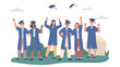 © Rudzhan - Group of diverse young graduates in gowns and caps celebrating outdoors, cheerful mood, flat style on white background. Concept of academic achievement. Vector illustration