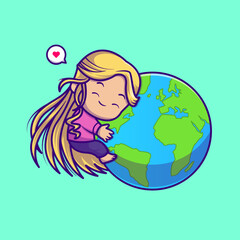 Wall Mural - Cute Girl Hug Earth World Globe Cartoon 