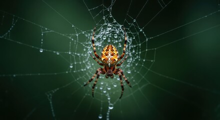 A garden spider sits in its intricate, dewcovered web, waiting for prey