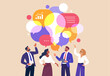 © nadzeya26 - Insight Session Concept. Vector illustration of a business team discussing ideas with speech bubbles and a light bulb silhouette symbolizing innovation, teamwork, and problem-solving
