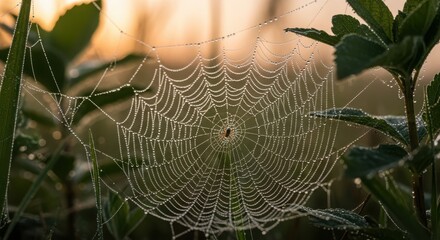 Dew drops on a spider web in the early morning light, a delicate natural wonder