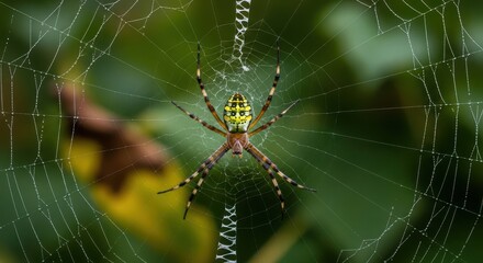 Closeup of a spider on its web with green foliage in the background