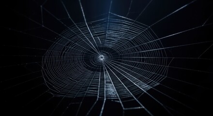 Closeup of a spider web with intricate radial patterns on black background
