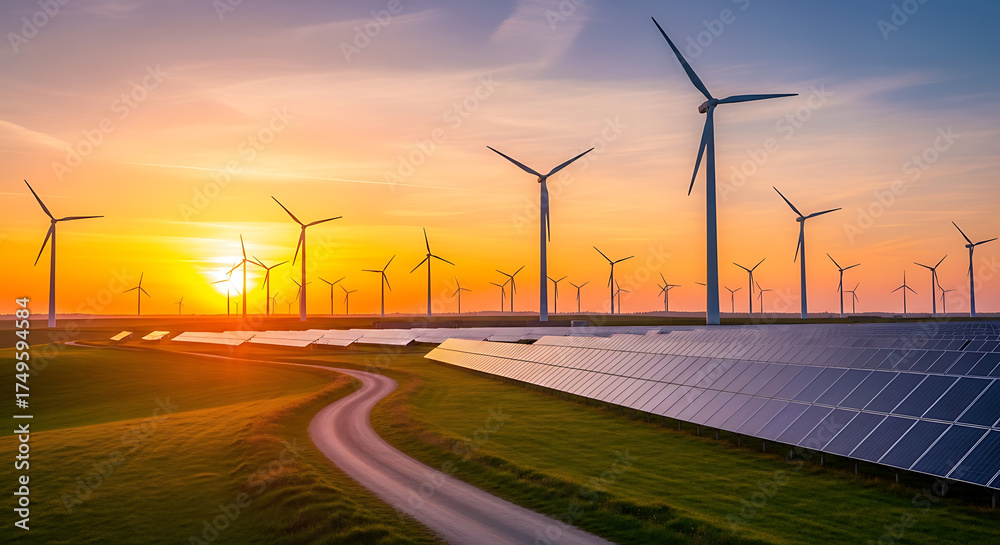 Sunset Over Renewable Energy Landscape with Wind Turbines and Solar ...