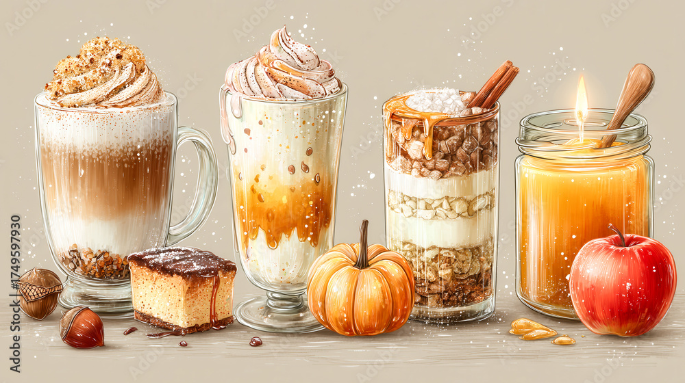 A row of drinks and food items, including a pumpkin, a cupcake, and a glass of milk