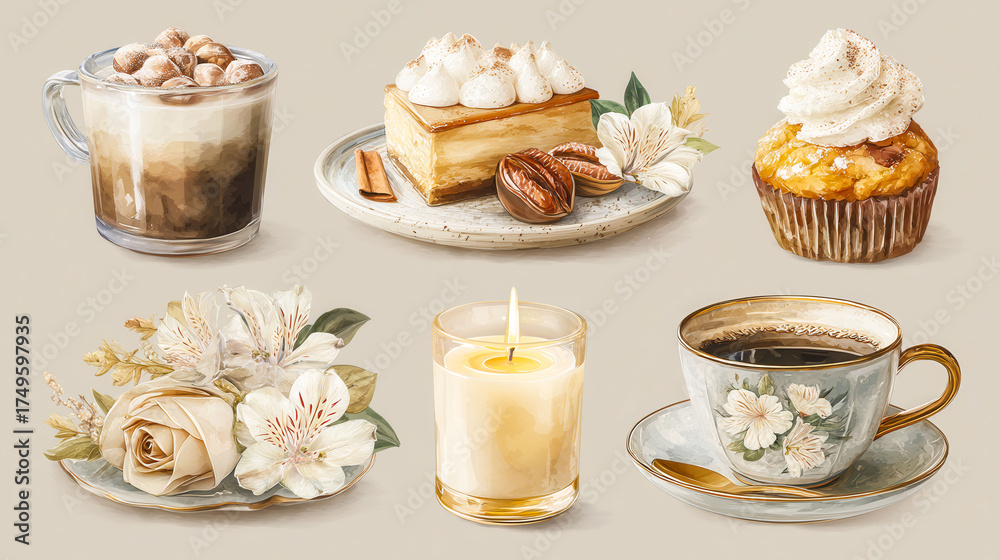 A set of six images of desserts and drinks, including a cupcake, a slice of cheesecake, a cup of coffee, and a cup of tea. The images are arranged on a white background, with each dessert