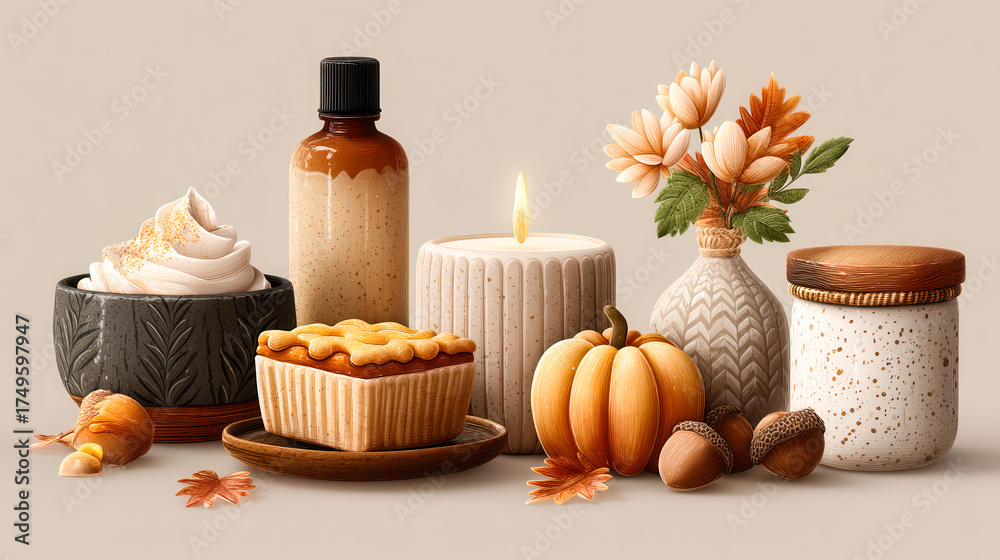A table with a pumpkin, a pie, a candle, and a vase of flowers. The table is set for a fall dinner