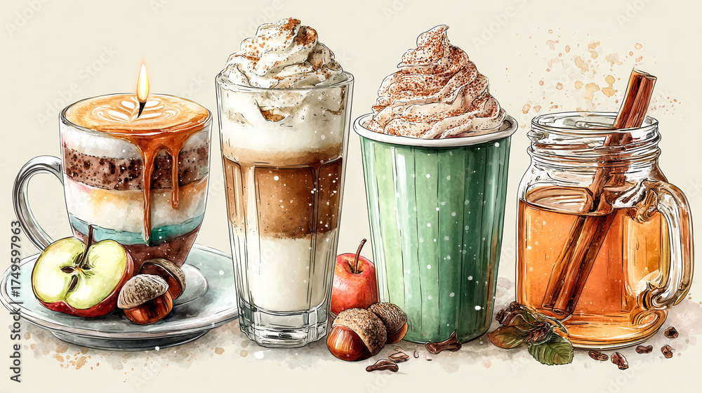 A drawing of four different drinks, including coffee, tea, and apple cider, with a candle in the background