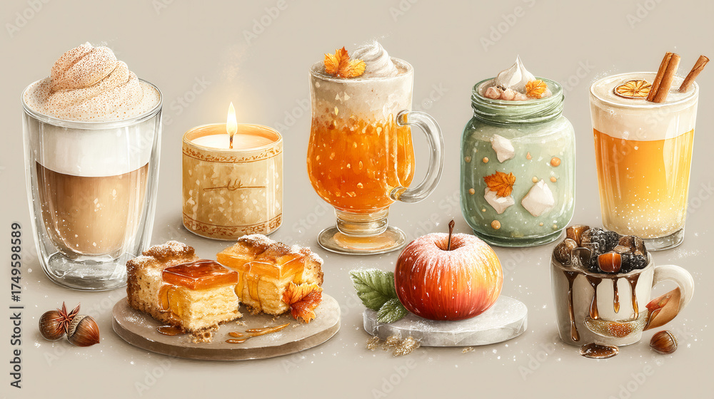 A collection of food and drinks, including a variety of drinks and desserts, with a candle in the background