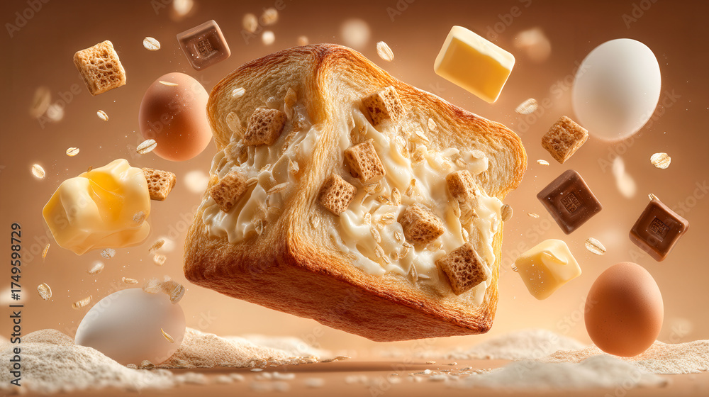 A close up of a toasted bread with a variety of toppings including chocolate chips, raisins, and nuts