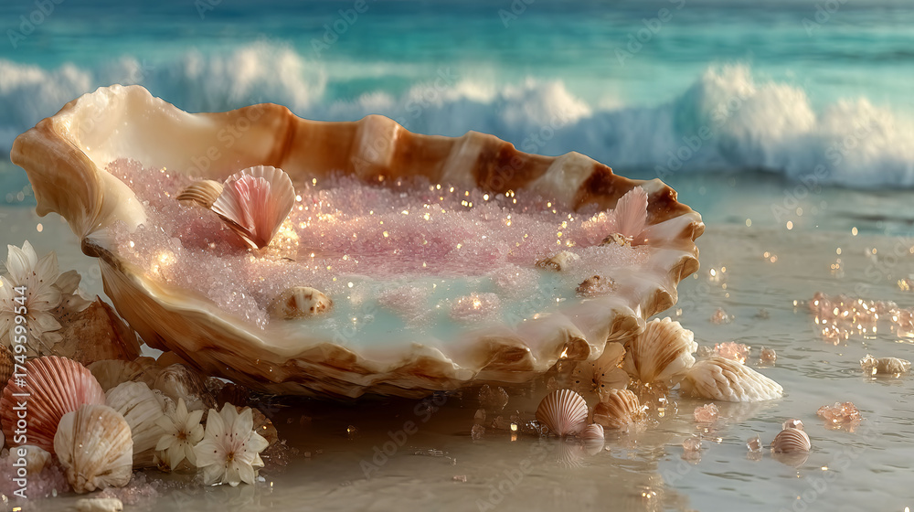 A shell with pink and white glitter on it is on a beach. The shell is surrounded by shells and flowers