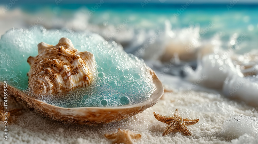 A shell is sitting on the sand next to a starfish. The shell is partially submerged in the water, and the starfish is on the sand. The scene is peaceful and serene