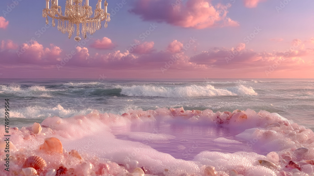 A bathtub filled with pink water and shells. The bathtub is surrounded by a pink and white beach scene