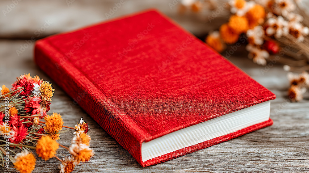 A red book with a white spine sits on a wooden table. The book is open to a page with a flowery border. The flowers are orange and yellow, and they are scattered around the book