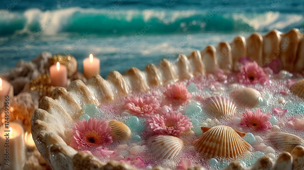 A large bowl filled with pink flowers and shells is surrounded by candles. The scene has a calming and relaxing mood, as the candles and flowers create a serene atmosphere