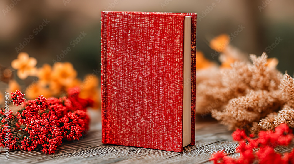 A red book with a patterned cover sits on a table next to some flowers. The book is open to a page with a picture of a flower. The flowers are orange and yellow, and they are scattered around the book