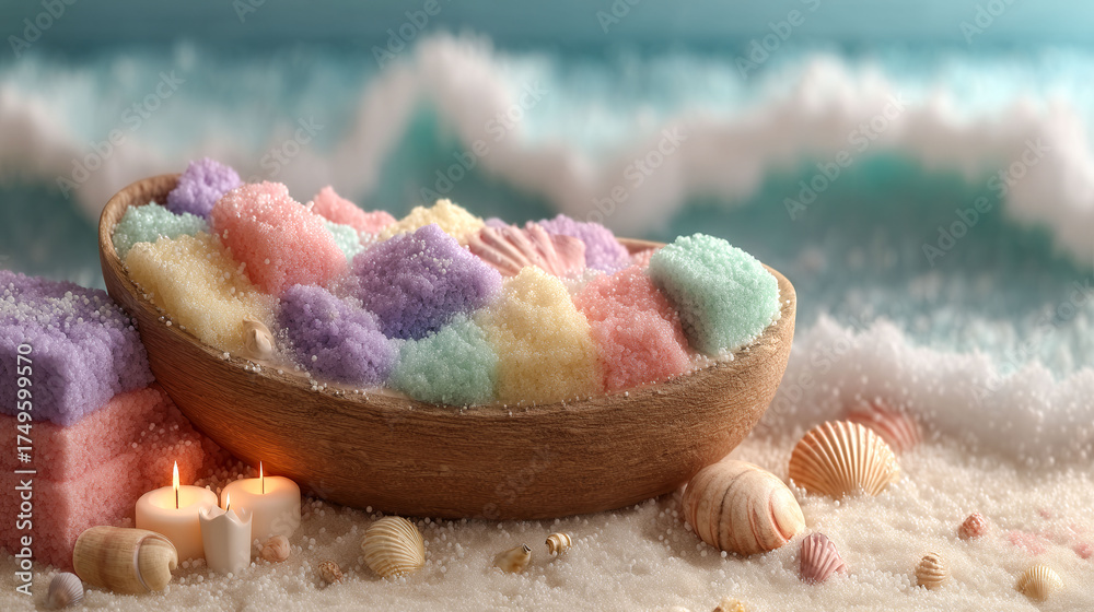 A bowl of colorful candies is on a beach with shells and candles. Scene is relaxed and fun, as the beach setting and colorful candies create a playful atmosphere