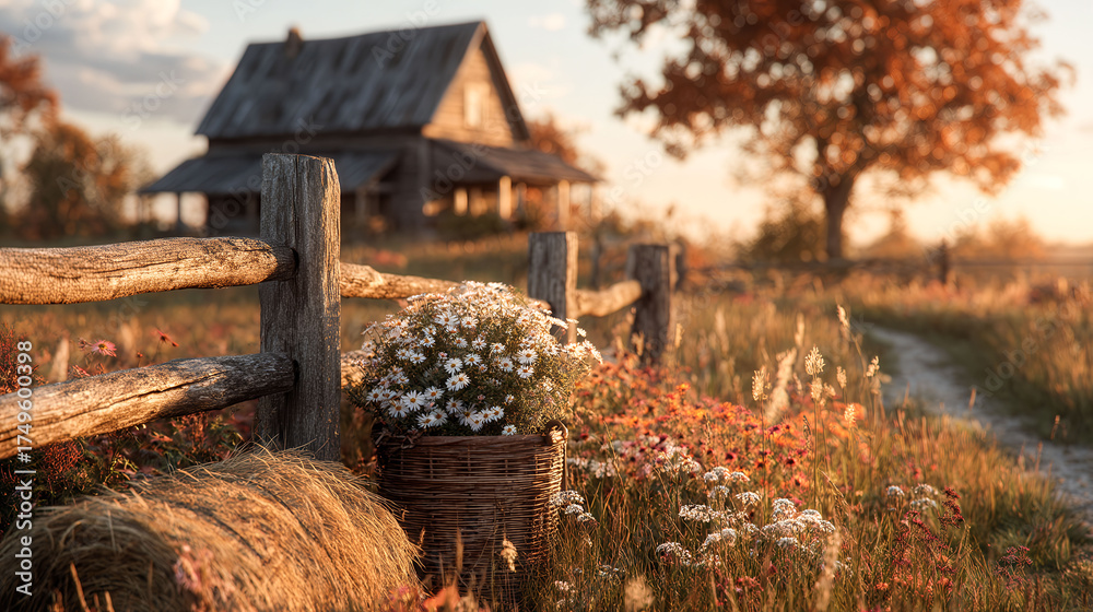 A house with a fence and a basket of flowers in front of it. The flowers are yellow and white