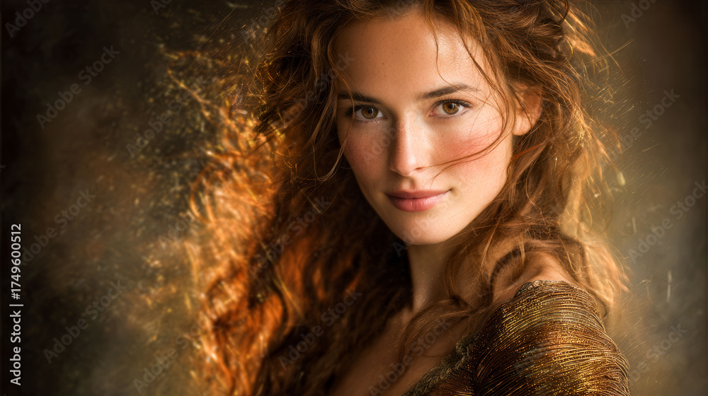 A woman with long red hair is smiling at the camera. The image has a warm and inviting mood, with the woman's smile and the bright red hair creating a sense of happiness and positivity