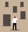 © Eugen - Confused Business Man Choosing a Door to Enter. People and situation at work, confusion vector art