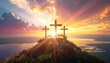 © Rat Art - Christian cross scene at dawn with crown of thorns, bright sky, and reflection on calm water.