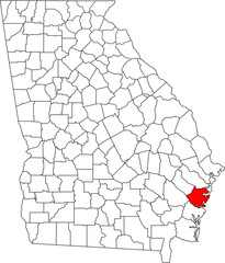  Detailed vector map of Georgia highlighting McIntosh County, a southeastern coastal territory bordering the Atlantic Ocean, noted for its extensive marshlands and the Gullah Geechee heritage.

