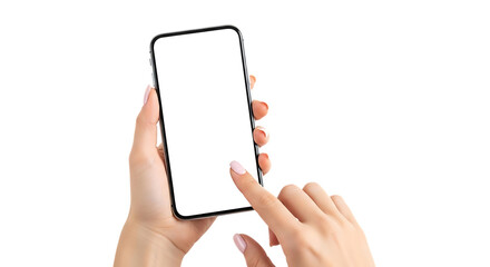 Woman using modern smartphone with blank white screen for mockup purpose