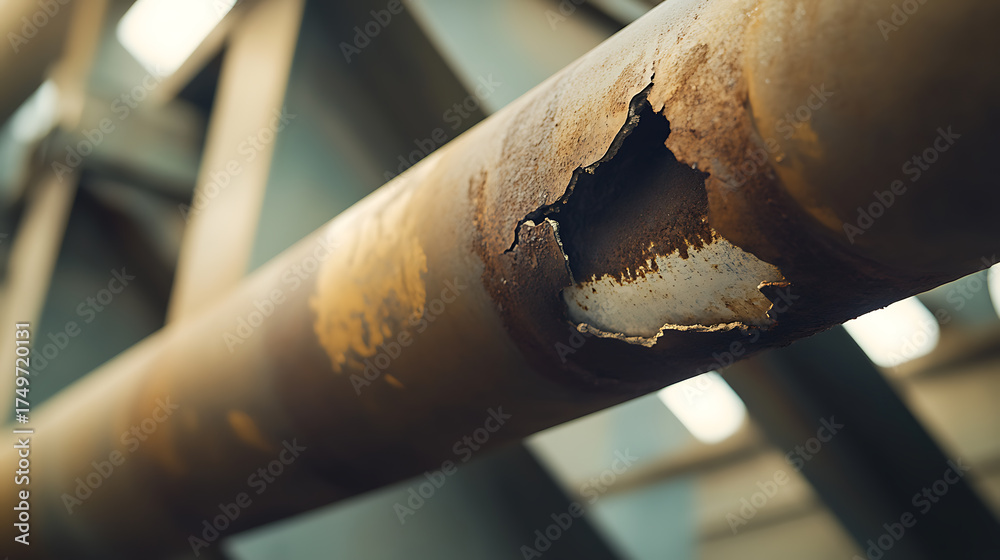 Distorted Ss Pipe Corroded metal pipe with a large hole. Shows severe deterioration and ...