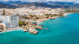 Nerja, Spain - aerial view of the beautiful town on the rocky coast of the Spanish coastline