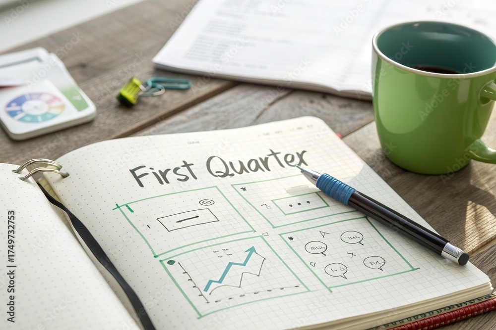 Notebook open to a page d 'First Quarter' with charts and graphs ...