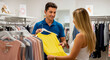 © Leo - Smiling Salesman Assisting Female Customer Choosing Yellow Dress in Clothing Store