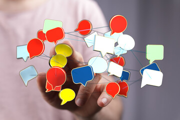 Conceptual design with network speech bubbles. Communication, interaction, connection. Social media network concept for background.