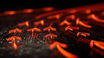 Wall Mural - Abstract pattern of glowing orange arrows on a textured dark surface creating a dynamic and modern visual representation of movement and direction