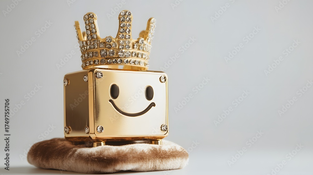 Glimmering Golden Crown Jewel with Smiley Face on Plush Base Stock ...