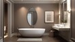© InteriVio - english chic bathroom full view, mocha wall, oval mirror without reflection, warm soft lighting, clean layout