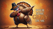 © PhotoArtHub - Thanksgiving turkey cartoon character in pilgrim hat, dabbing pose, autumn leaves background, 'Pour some gravy on me' text, humorous Thanksgiving image