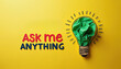 © Pete - Illustration of Ask Me Anything concept. Red and blue words on a yellow background. Light bulb icon represents idea. Perfect for QA sessions support and business projects.