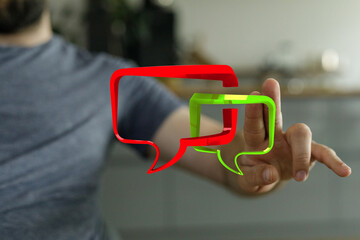 Social media communication. Man showing speech bubbles in his hand. Chat message. Social network connection concept